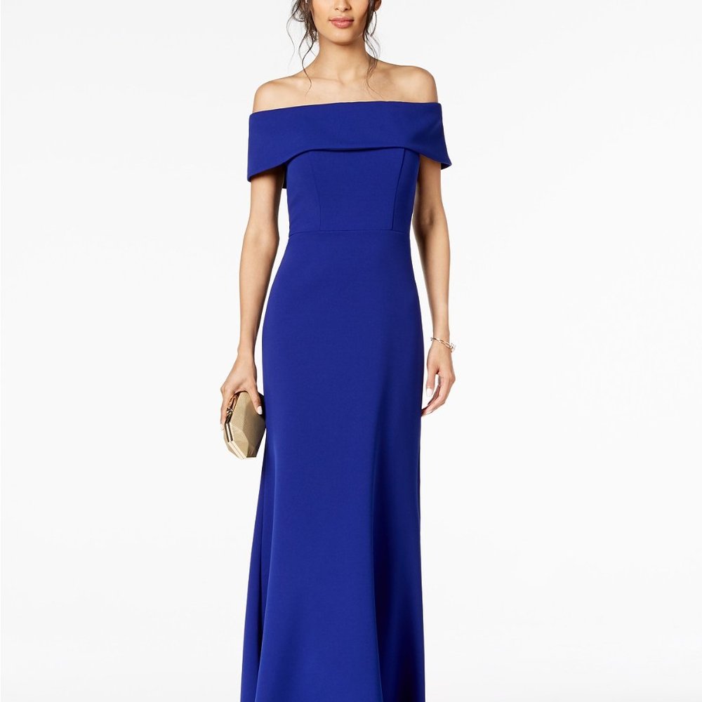 Betsy & Adam Ruffled-Back Off-The-Shoulder Gown
